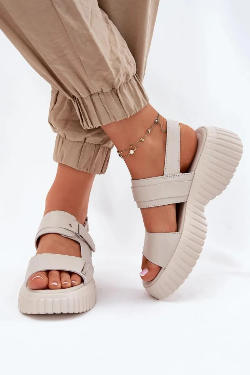 Sandały Płaskie>Evento Skórzane Sandały Damskie Na Platformie Beżowe Mertella