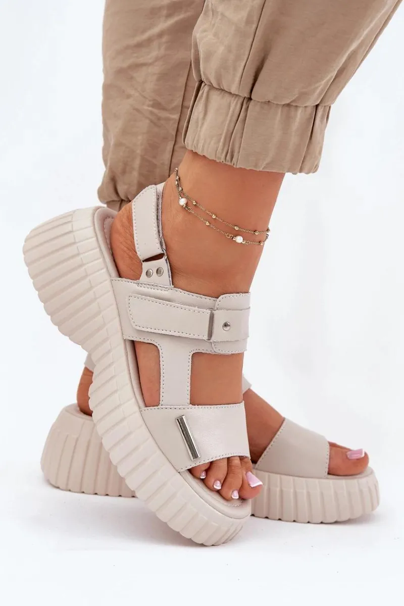 Sandały Płaskie>Evento Skórzane Sandały Damskie Na Platformie Beżowe Mertella