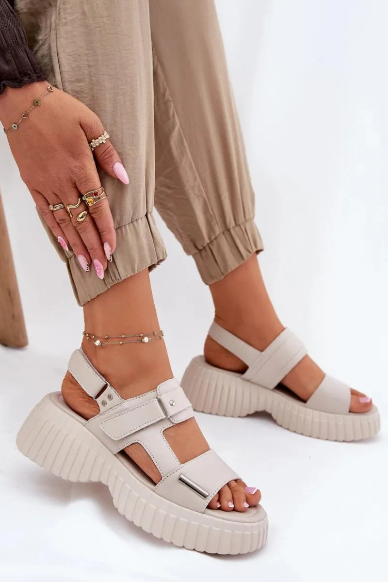 Sandały Płaskie>Evento Skórzane Sandały Damskie Na Platformie Beżowe Mertella