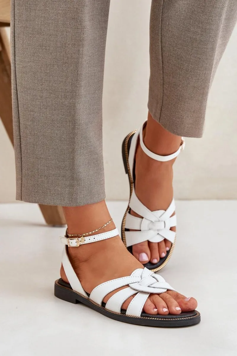 Best Boto Skórzane Sandały Damskie Na Płaskim Obcasie Zazoo 3688 Białe Biały