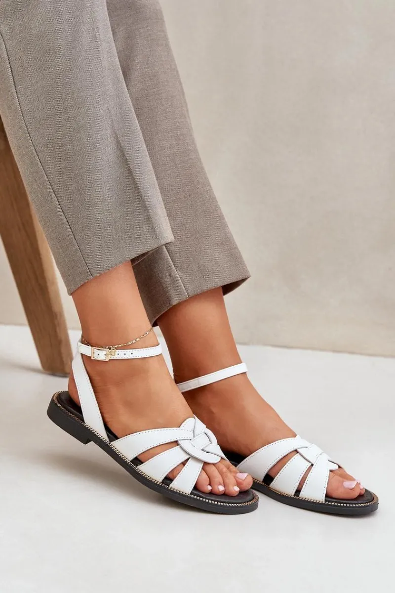 Best Boto Skórzane Sandały Damskie Na Płaskim Obcasie Zazoo 3688 Białe Biały