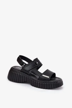 New Skórzane Sandały Damskie Na Platformie Czarne Mertella Damskie Sandały Płaskie