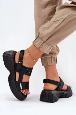 New Skórzane Sandały Damskie Na Platformie Czarne Mertella Damskie Sandały Płaskie