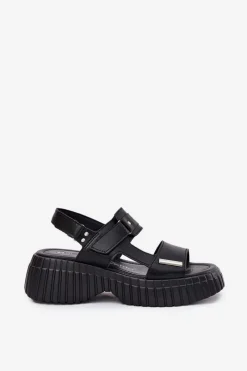 New Skórzane Sandały Damskie Na Platformie Czarne Mertella Damskie Sandały Płaskie