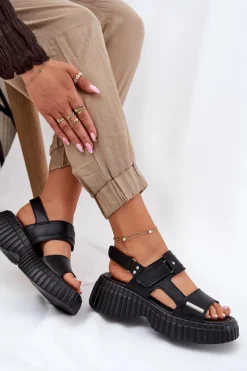 New Skórzane Sandały Damskie Na Platformie Czarne Mertella Damskie Sandały Płaskie