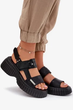 New Skórzane Sandały Damskie Na Platformie Czarne Mertella Damskie Sandały Płaskie