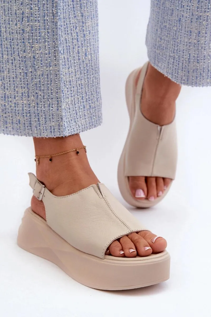 Clearance Damskie buty S.Barski Skórzane Sandały Damskie Na Platformie D&A SJ2301-2 Beżowe