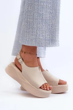 Clearance Damskie buty S.Barski Skórzane Sandały Damskie Na Platformie D&A SJ2301-2 Beżowe