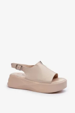 Clearance Damskie buty S.Barski Skórzane Sandały Damskie Na Platformie D&A SJ2301-2 Beżowe