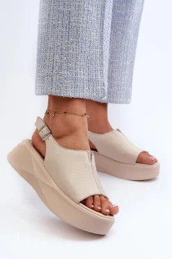 Clearance Damskie buty S.Barski Skórzane Sandały Damskie Na Platformie D&A SJ2301-2 Beżowe