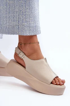 Clearance Damskie buty S.Barski Skórzane Sandały Damskie Na Platformie D&A SJ2301-2 Beżowe