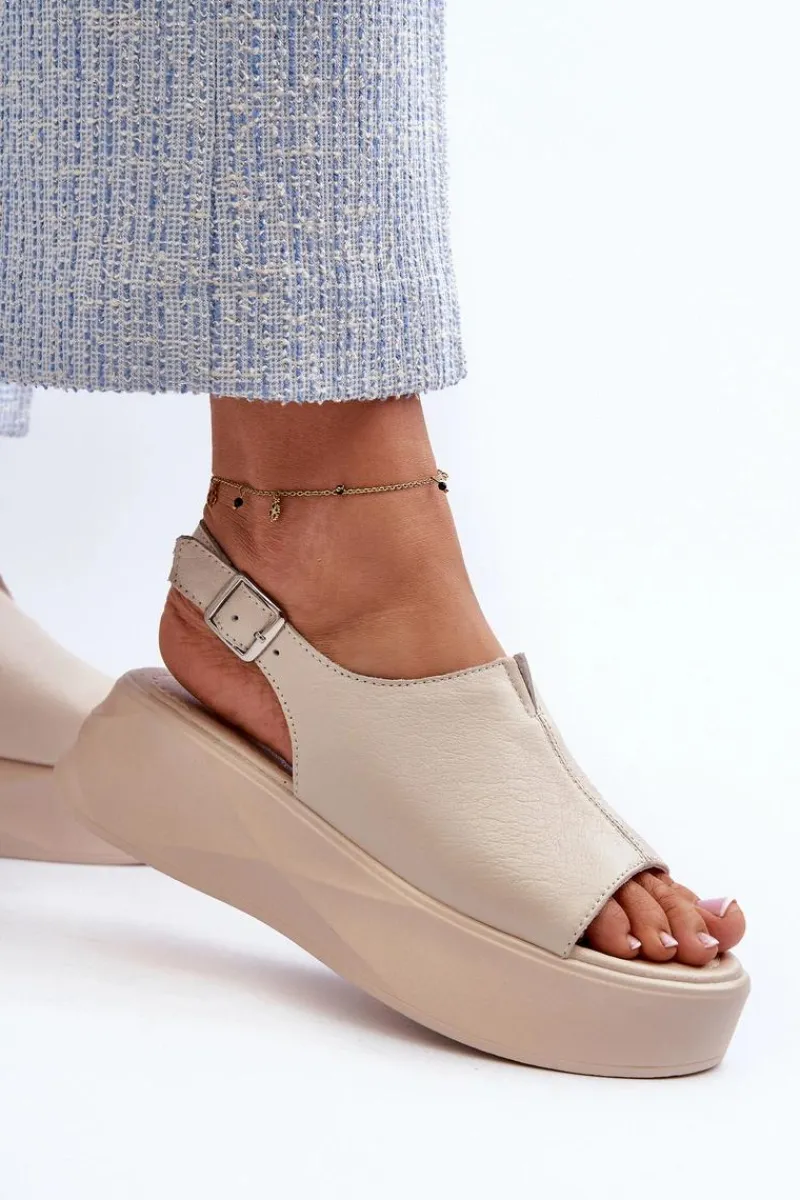 Clearance Damskie buty S.Barski Skórzane Sandały Damskie Na Platformie D&A SJ2301-2 Beżowe