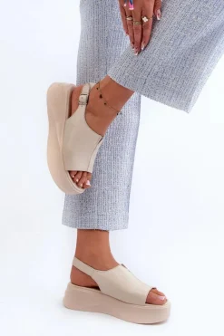 Clearance Damskie buty S.Barski Skórzane Sandały Damskie Na Platformie D&A SJ2301-2 Beżowe