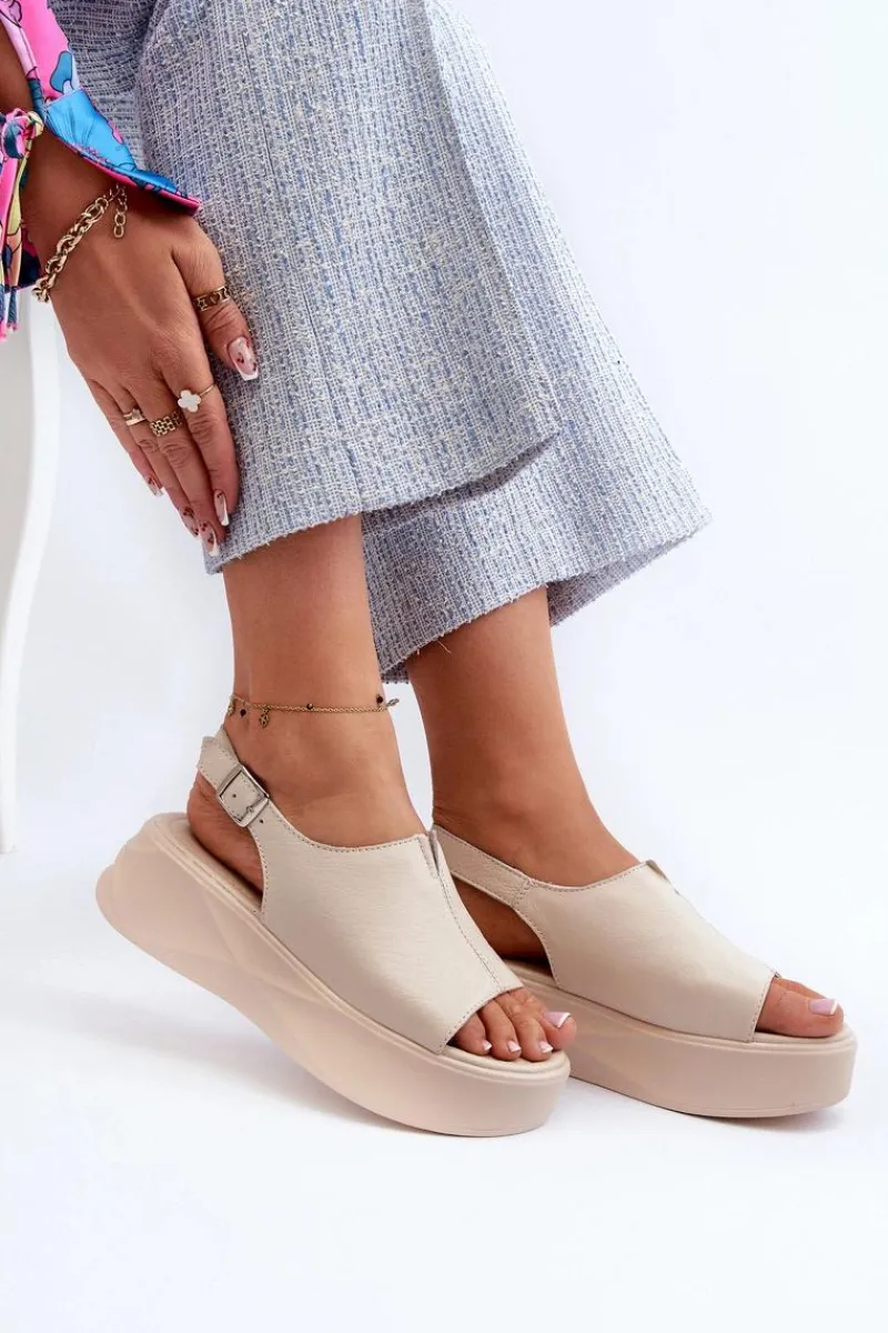 Clearance Damskie buty S.Barski Skórzane Sandały Damskie Na Platformie D&A SJ2301-2 Beżowe