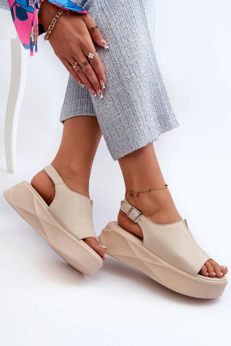 Clearance Damskie buty S.Barski Skórzane Sandały Damskie Na Platformie D&A SJ2301-2 Beżowe
