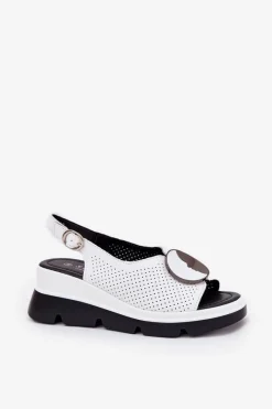 Online Skórzane Sandały Damskie Na Koturnie Z Ozdobą S.Barski LR51-788 Białe Damskie Sandały Na Koturnie