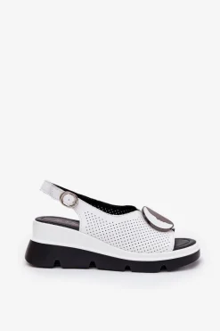 Online Skórzane Sandały Damskie Na Koturnie Z Ozdobą S.Barski LR51-788 Białe Damskie Sandały Na Koturnie