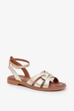 Sandały Płaskie></noscript>Boto Skórzane Sandały Damskie Na Płaskim Obcasie Zazoo 3688 Złote Złoty