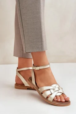 Sandały Płaskie></noscript>Boto Skórzane Sandały Damskie Na Płaskim Obcasie Zazoo 3688 Złote Złoty