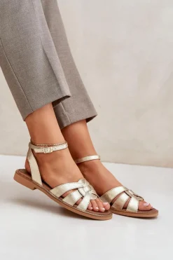 Sandały Płaskie></noscript>Boto Skórzane Sandały Damskie Na Płaskim Obcasie Zazoo 3688 Złote Złoty