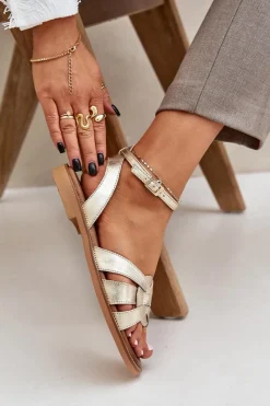 Sandały Płaskie></noscript>Boto Skórzane Sandały Damskie Na Płaskim Obcasie Zazoo 3688 Złote Złoty