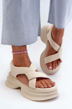 Outlet GOE Skórzane Sandały Damskie Na Masywnej Podeszwie Jasnobeżowe NN2N4105