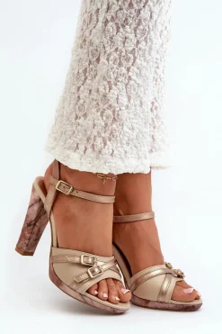 Skórzane Sandały Damskie Na Słupku 06564-22 Beżowo-Złote Damskie Sandały Na Słupku|Sandały Na Obcasie