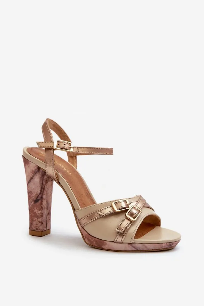 Skórzane Sandały Damskie Na Słupku 06564-22 Beżowo-Złote Damskie Sandały Na Słupku|Sandały Na Obcasie