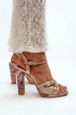 Skórzane Sandały Damskie Na Słupku 06564-22 Beżowo-Złote Damskie Sandały Na Słupku|Sandały Na Obcasie