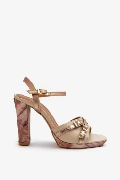 Skórzane Sandały Damskie Na Słupku 06564-22 Beżowo-Złote Damskie Sandały Na Słupku|Sandały Na Obcasie