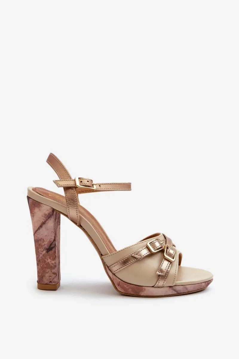 Skórzane Sandały Damskie Na Słupku 06564-22 Beżowo-Złote Damskie Sandały Na Słupku|Sandały Na Obcasie