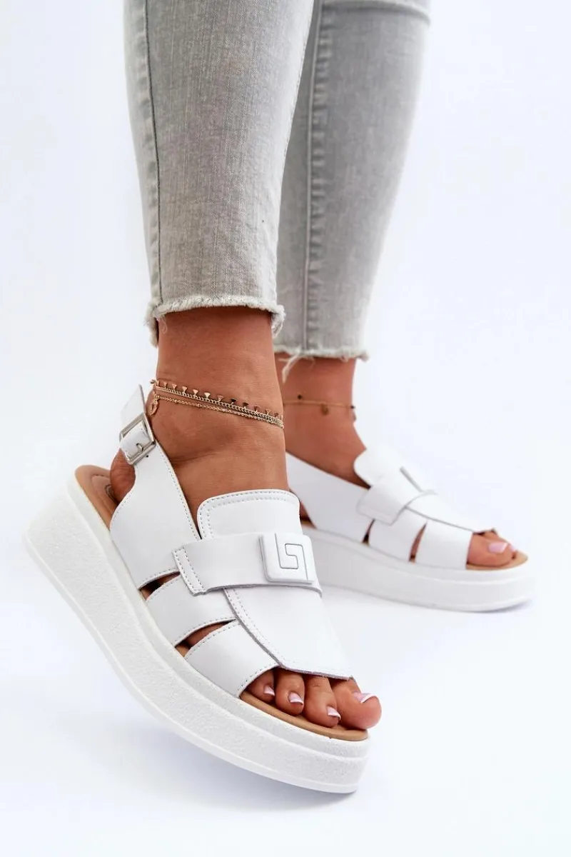Hot Skórzane Sandały Damskie Na Platformie I Koturnie Białe Vivitellia Damskie Sandały Na Koturnie