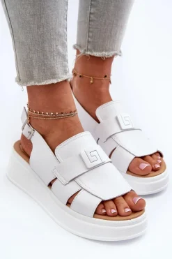 Hot Skórzane Sandały Damskie Na Platformie I Koturnie Białe Vivitellia Damskie Sandały Na Koturnie
