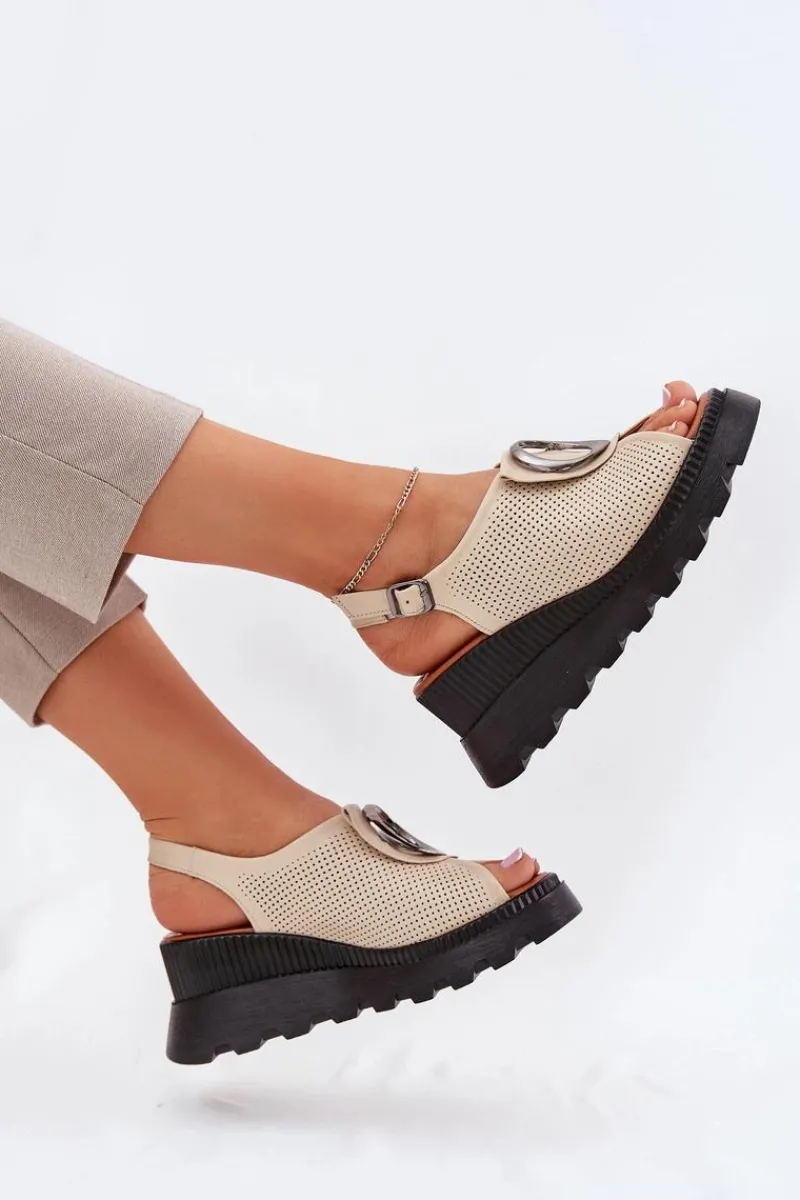 Sandały Na Koturnie>Boto Skórzane Sandały Damskie Na Koturnie Z Ozdobą Artiker 56C0111 Beżowe Beżowy