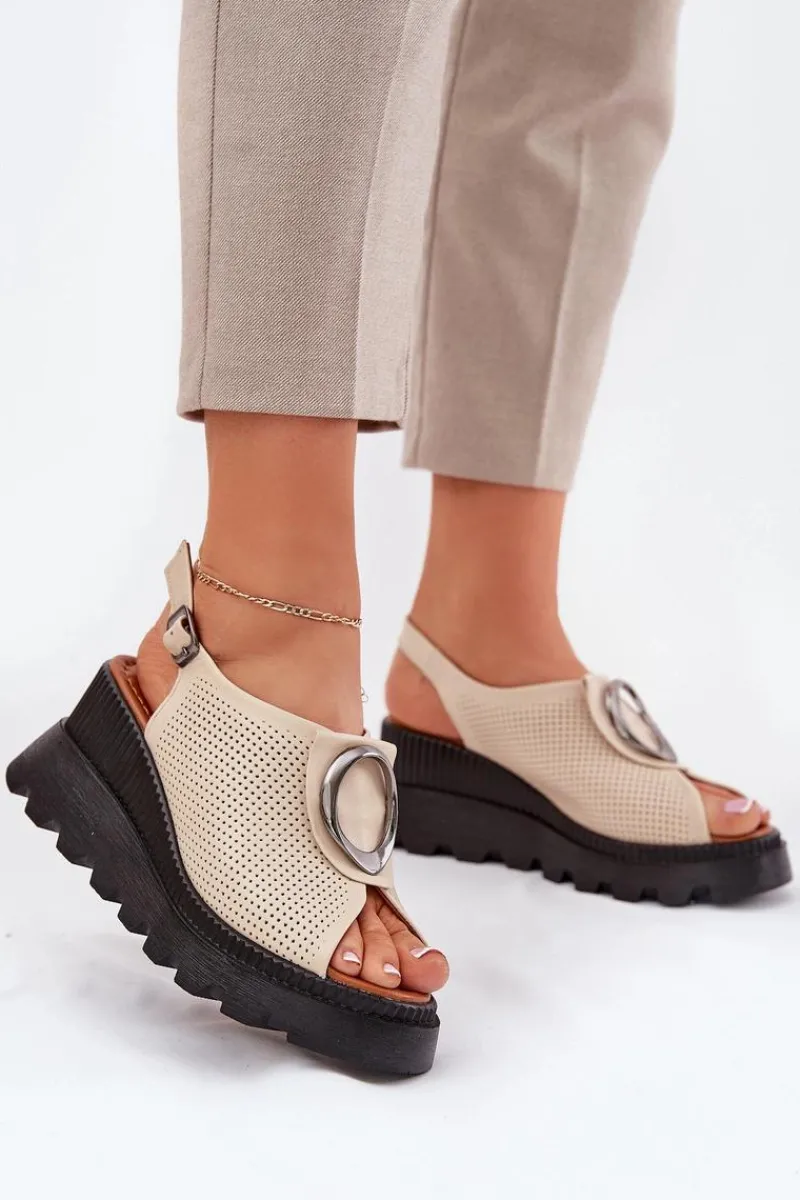 Sandały Na Koturnie>Boto Skórzane Sandały Damskie Na Koturnie Z Ozdobą Artiker 56C0111 Beżowe Beżowy