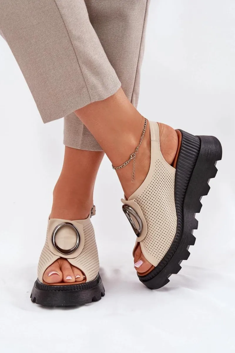 Sandały Na Koturnie>Boto Skórzane Sandały Damskie Na Koturnie Z Ozdobą Artiker 56C0111 Beżowe Beżowy