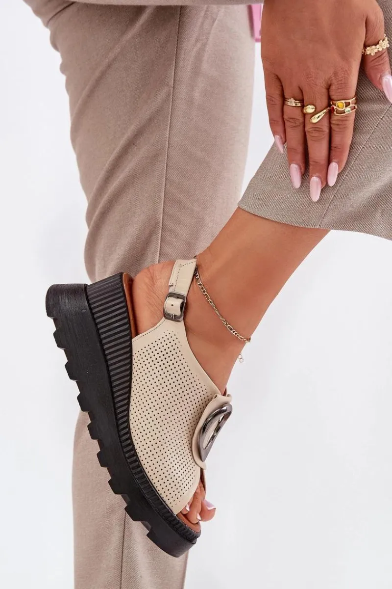 Sandały Na Koturnie>Boto Skórzane Sandały Damskie Na Koturnie Z Ozdobą Artiker 56C0111 Beżowe Beżowy