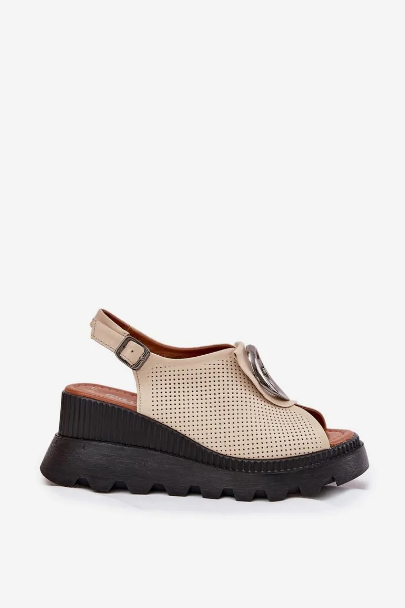 Sandały Na Koturnie>Boto Skórzane Sandały Damskie Na Koturnie Z Ozdobą Artiker 56C0111 Beżowe Beżowy