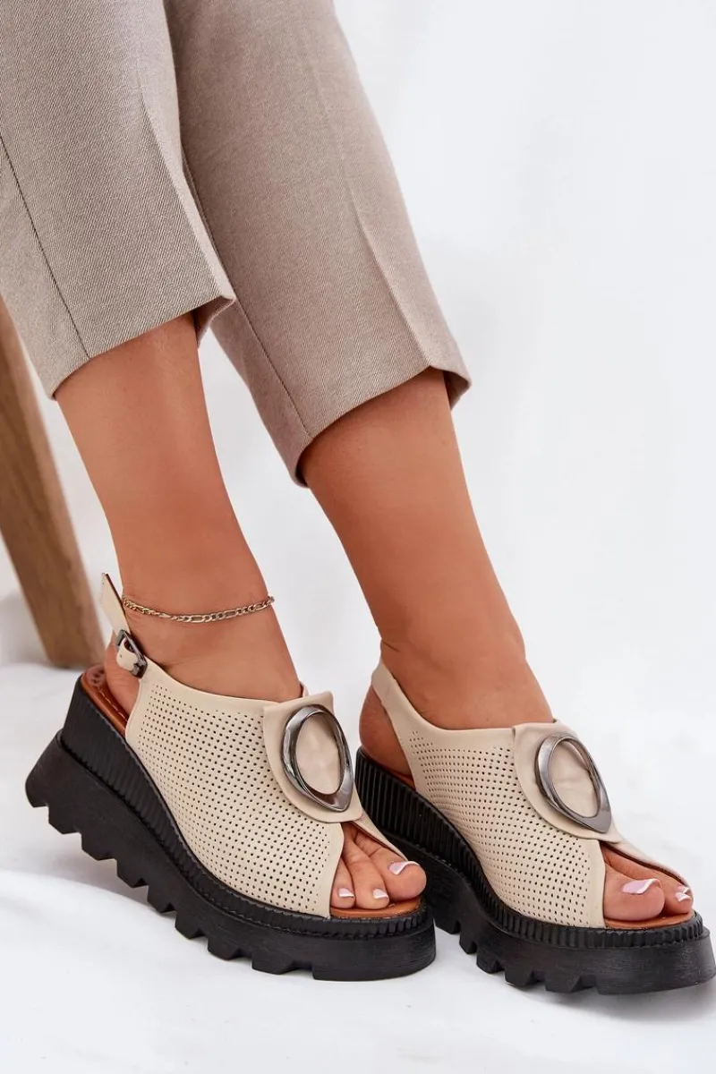 Sandały Na Koturnie>Boto Skórzane Sandały Damskie Na Koturnie Z Ozdobą Artiker 56C0111 Beżowe Beżowy