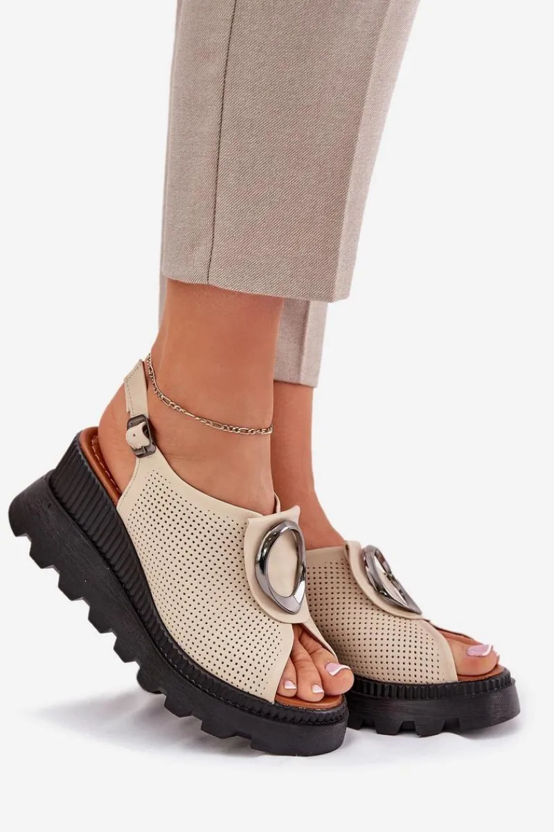 Sandały Na Koturnie>Boto Skórzane Sandały Damskie Na Koturnie Z Ozdobą Artiker 56C0111 Beżowe Beżowy