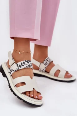 Sandały Płaskie>Buty damskie Vinceza Skórzane Sandały Damskie Na Płaskim Obcasie Panterka Vinceza 66780 Beżowe Beżowy