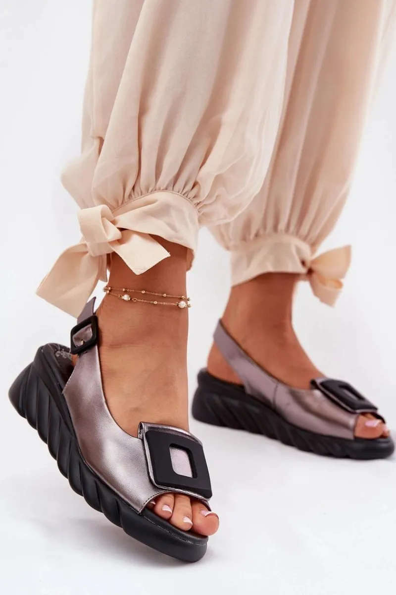 Clearance Artiker Skórzane Sandały Damskie Na Koturnie z Ozdobą 56C2158 Grafitowe Srebrny