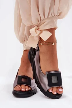 Clearance Artiker Skórzane Sandały Damskie Na Koturnie z Ozdobą 56C2158 Grafitowe Srebrny