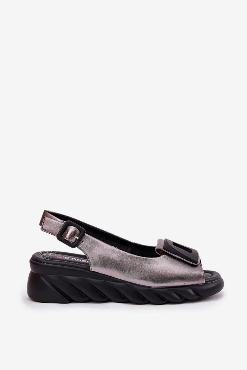 Clearance Artiker Skórzane Sandały Damskie Na Koturnie z Ozdobą 56C2158 Grafitowe Srebrny