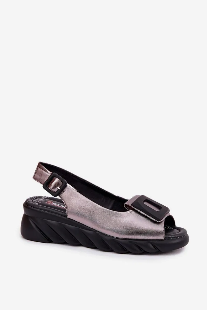 Clearance Artiker Skórzane Sandały Damskie Na Koturnie z Ozdobą 56C2158 Grafitowe Srebrny