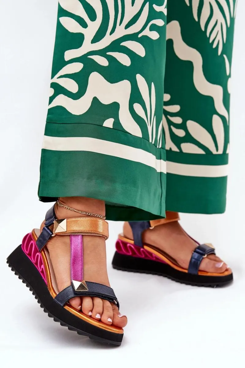 Sandały Na Koturnie>Damskie buty S.Barski Skórzane Sandały Damskie Na Koturnie D&A CR51-135 Multikolor