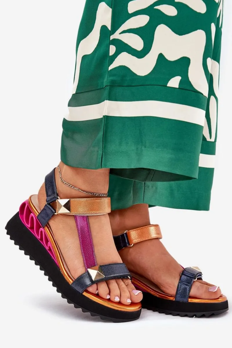 Sandały Na Koturnie>Damskie buty S.Barski Skórzane Sandały Damskie Na Koturnie D&A CR51-135 Multikolor