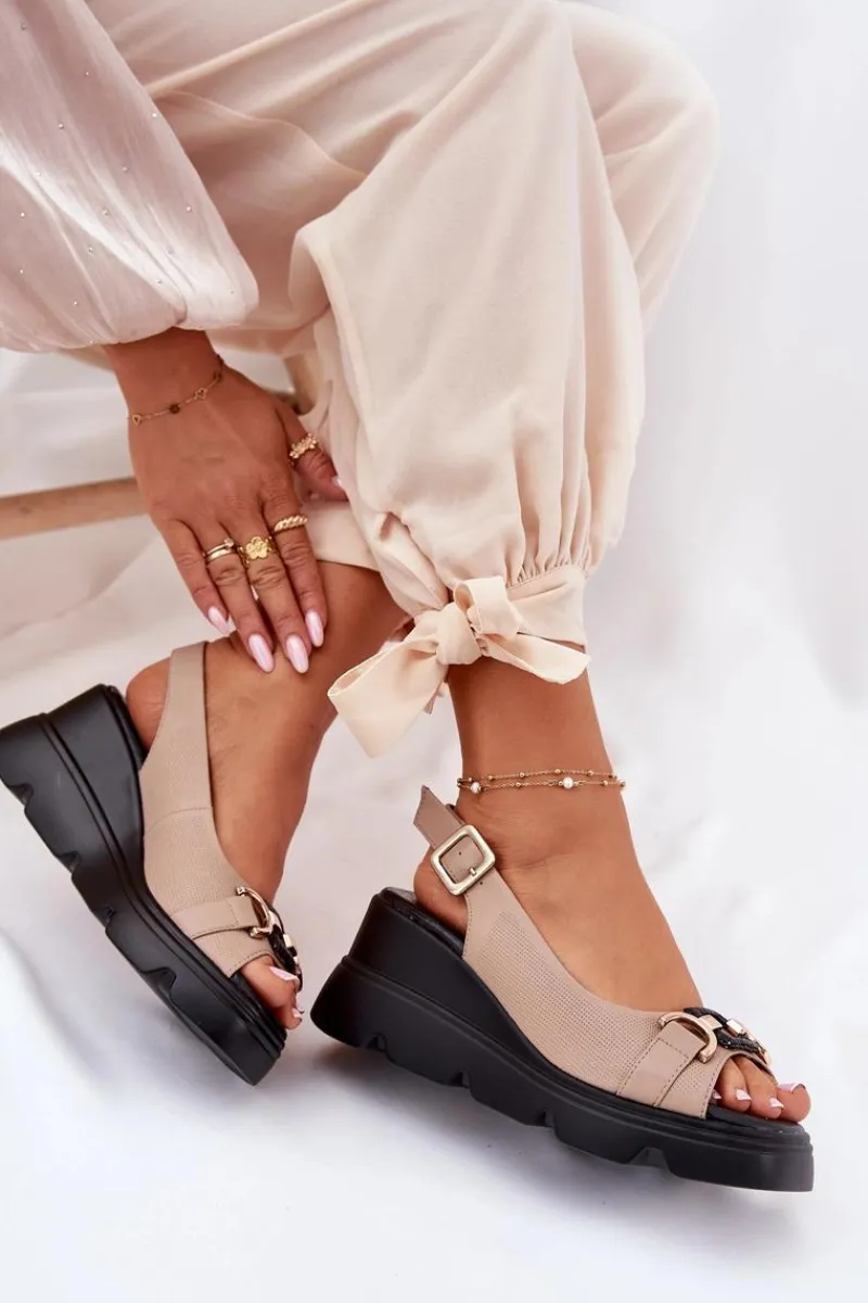 Sandały Z Cholewką|Sandały Na Koturnie>Artiker Skórzane Sandały Damskie Na Koturnie I Platformie Z Ozdobą 56C2209 Beżowe Beżowy