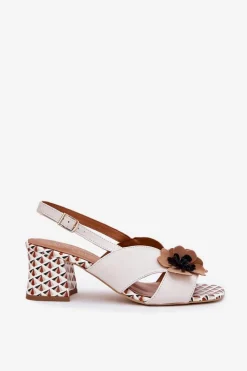 Outlet Laura Messi Skórzane Sandały Damskie Na Słupku Z Kwiatami 2950 Białe Biały