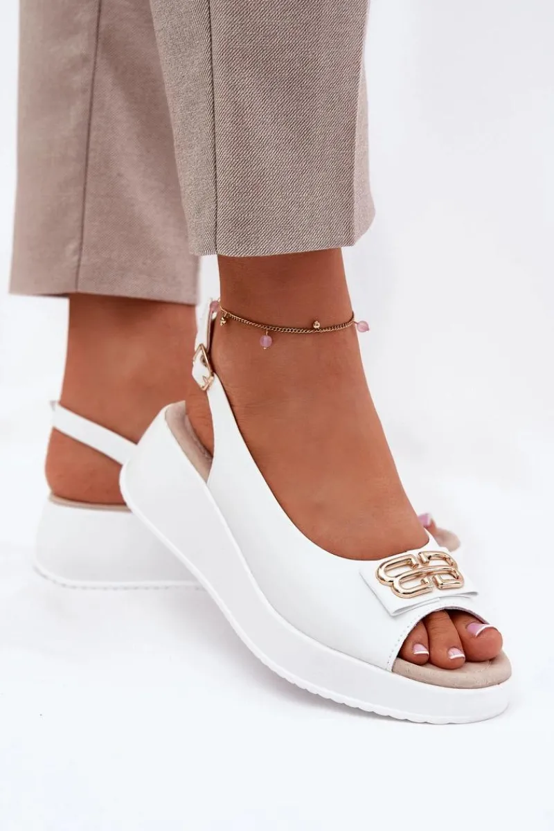 Discount Damskie buty S.Barski Skórzane Sandały Damskie Na Koturnie Z Ozdobnym Detalem S.Barski LR51-593 Białe